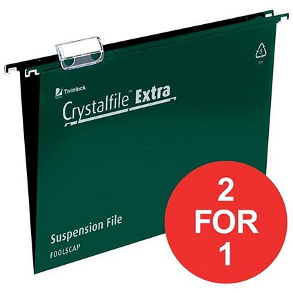 Rexel CrystalFiles Extra Suspension Files / V Base / 15mm Capacity / Foolscap / Green / Pack of 25 / Buy One Get One FREE