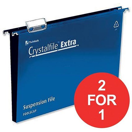 Rexel CrystalFiles Extra Suspension Files / Square Base / 30mm Capacity / Foolscap / Blue / Pack of 25 / Buy One Get One FREE