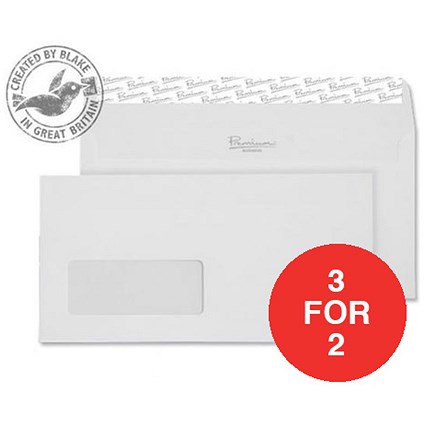 Blake Premium DL Envelopes / Window / Wove / High White / Peel & Seal / 120gsm / Pack of 500 / 3 for the Price of 2