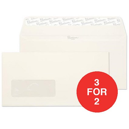 Blake Premium DL Wallet Envelopes / Window / Laid / High White / Peel & Seal / 120gsm / Pack of 500 / 3 for the Price of 2