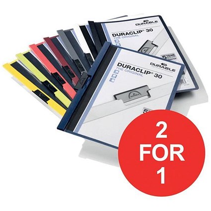 Durable Duraclip Folders / PVC / Clear Front / 3mm Spine for 30 Sheets / A4 / Assorted / Pack of 25 / Buy One Get One FREE