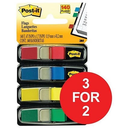 Post-it Small Repositionable Index Flags / Standard Colours / Pack of 140 / 3 for the Price of 2