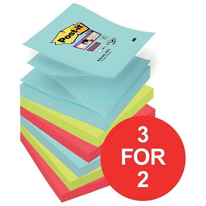 Post-it Super Sticky Z-Notes / 76x76mm / Miami / 6 Pads of 90 Notes / 3 for the Price of 2
