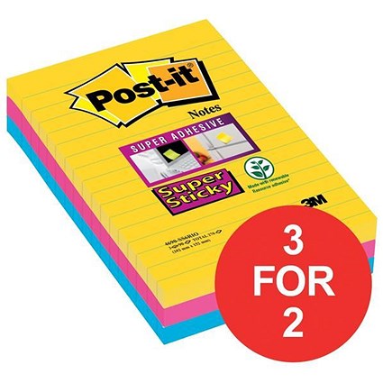 Post-it Super Sticky Removable Notes / 101x152mm / Rio Assorted / 3 Pads of 90 Notes / 3 for the Price of 2