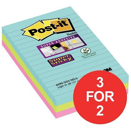Post-it Super Sticky Removable Notes / 101x152mm / Miami Assorted / 3 Pads of 90 Notes / 3 for the Price of 2