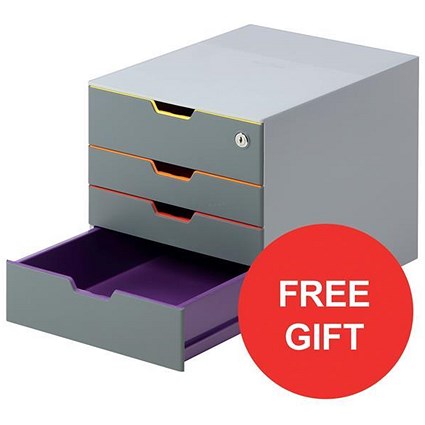 Durable Varicolor Safe with 4 Drawers and Lockable Top Drawer / Grey / A4 / Offer Includes FREE Letter Tray Set