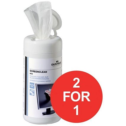 Durable Screenclean Moist Low Lint Cleaning Wipes / Pre-saturated / Tub of 100 / Buy One Get One FREE