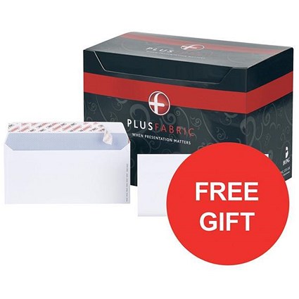 Plus Fabric Plain DL Wallet Envelopes / White / Peel & Seal / 110gsm / Pack of 500 / Offer Includes FREE Black n' Red Notebook