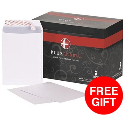 Plus Fabric C5 Pocket Envelopes / Press Seal / 110gsm / White / Pack of 500 / Offer Includes FREE Black n' Red Notebook