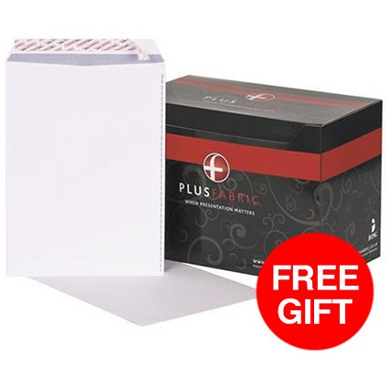 Plus Fabric C4 Pocket Envelopes / White / Press Seal / 120gsm / Pack of 250 / Offer Includes FREE Black n' Red Notebook