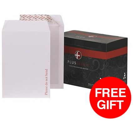 Plus Fabric Prestige C4 Board-backed Envelopes / Peel & Seal / White / Pack of 125 / Offer Includes FREE Black n' Red Notebook