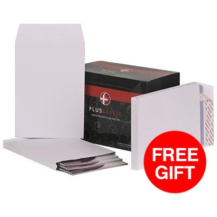 Plus Fabric C4 Gusset Envelopes / 25mm Gusset / Peel & Seal / White / Pack of 100 / Offer Includes FREE Black n' Red Notebook