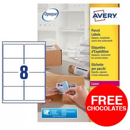 Avery BlockOut Jam-free Laser Addressing Labels / 8 per Sheet / 99.1x67.7mm / White / L7165-500 / 4000 Labels / Offer Includes FREE Chocolates