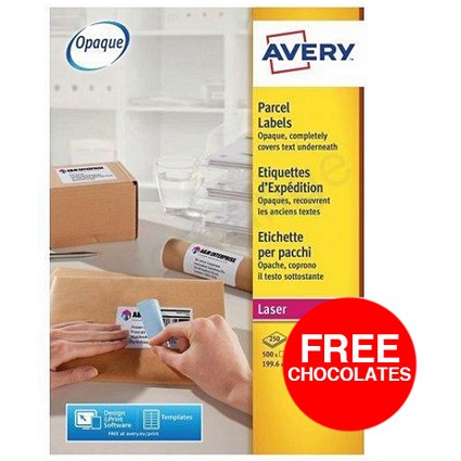 Avery BlockOut Jam-free Laser Addressing Labels / 2 per Sheet / 199.6x143.5mm / White / L7168-250 / 500 Labels / Offer Includes FREE Chocolates