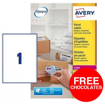 Avery BlockOut Jam-free Laser Addressing Labels / 1 per Sheet / 199.6x289.1mm / White / L7167-500 / 500 Labels / Offer Includes FREE Chocolates