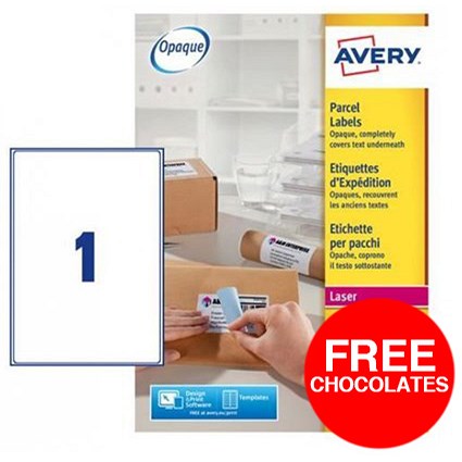 Avery BlockOut Jam-free Laser Addressing Labels / 1 per Sheet / 199.6x289.1mm / White / L7167-250 / 250 Labels / Offer Includes FREE Chocolates