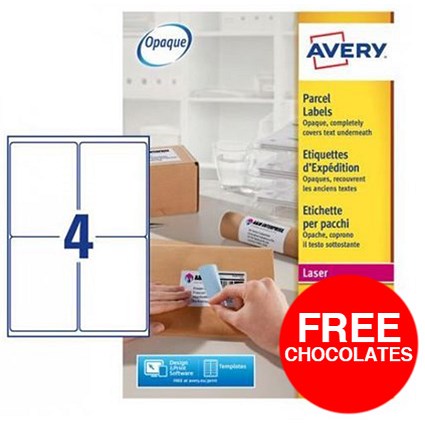 Avery BlockOut Jam-free Laser Addressing Labels / 4 per Sheet / 139x99.1mm / White / L7169-250 / 1000 Labels / Offer Includes FREE Chocolates