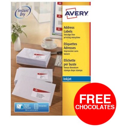 Avery Quick DRY Inkjet Addressing Labels / 10 per Sheet / 99.1x57.0mm / White / J8173-100 / 1000 Labels / Offer Includes FREE Chocolates
