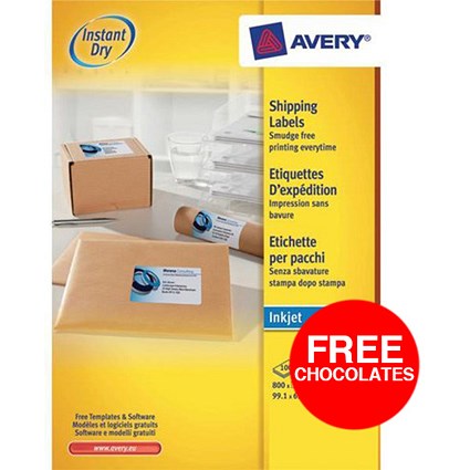 Avery Quick DRY Inkjet Addressing Labels / 8 per Sheet / 99.1x67.7mm / White / J8165 / 800 Labels / Offer Includes FREE Chocolates