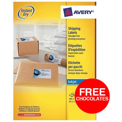 Avery Quick DRY Inkjet Addressing Labels / 4 per Sheet / 139x99.1mm / White / J8169-100 / 400 Labels / Offer Includes FREE Chocolates