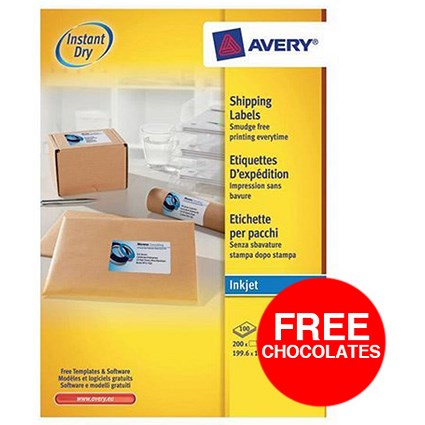 Avery QuickDRY Inkjet Addressing Labels / 2 per Sheet / 199.6x143.5mm / White / J8168-100 / 200 Labels / Offer Includes FREE Chocolates