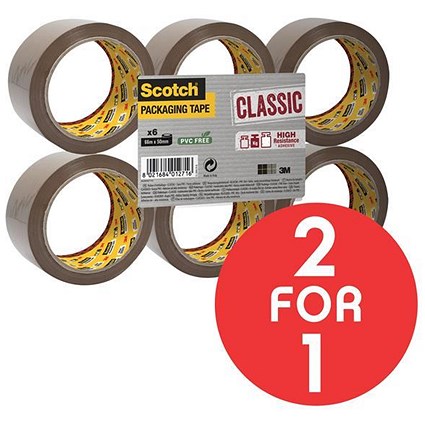 Scotch Classic Packaging Tape / 50mmx66m / Buff / Pack of 6 / Buy One Get One FREE