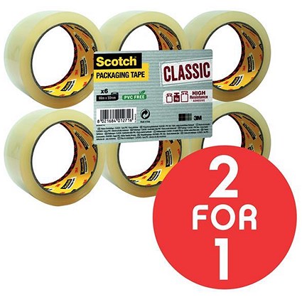Scotch Classic Packaging Tape / 50mmx66m / Clear / Pack of 6 / Buy One Get One FREE