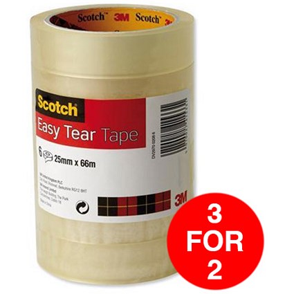 Scotch Easy Tear Transparent Tape / 25mmx66m / Pack of 6 / 3 for the Price of 2