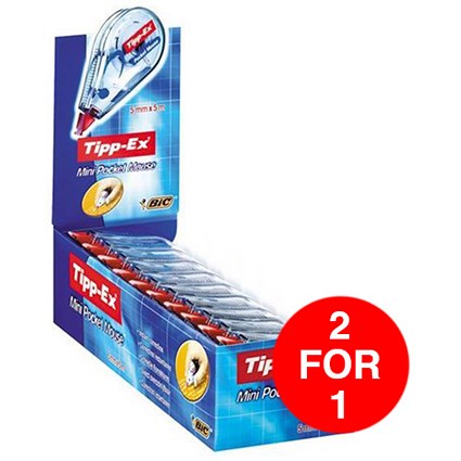 Tipp-Ex Mini Pocket Mouse Correction Tape Roller / 5mmx5m / Pack of 10 / Buy One Get One FREE