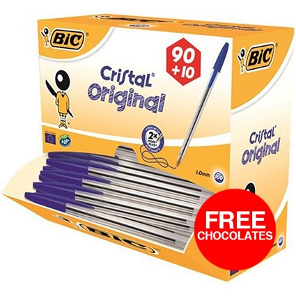 Bic Cristal Ball Pen / Clear Barrel / Blue / Pack of 100 / Offer Includes FREE Chocolates