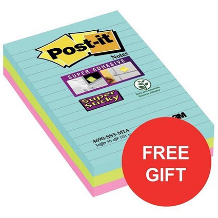 Post-it Super Sticky Removable Notes / 101x152mm / Miami Assorted / Pack of 6 x 90 Notes / Offer Includes FREE Sweets