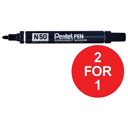 Pentel N50 Permanent Marker / Bullet Tip / Black / Pack of 12 / Buy One Get One FREE