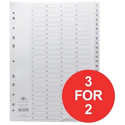 Concord Classic Index Dividers / 1-200 / Mylar Tabs / A4 / White / 3 packs for the price of 2
