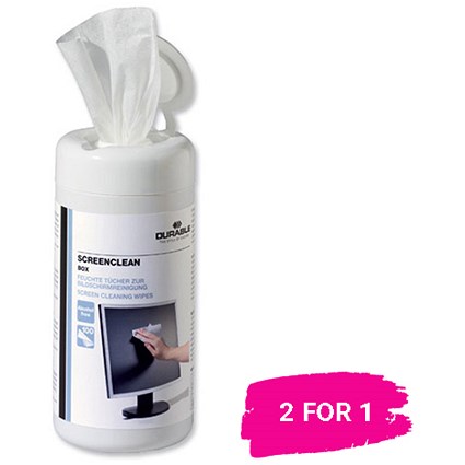 Durable Screenclean Moist Low Lint Cleaning Wipes / Pre-saturated / Tub of 100 / Buy 1 get 1 free