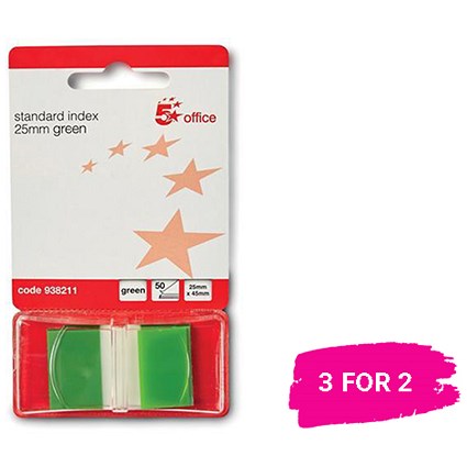 5 Star Index Flags / 25x45mm / Green / Pack of 5 x 50 / Buy 2 packs get 1 free