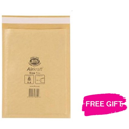 Jiffy Airkraft No.1 Bubble Bag Envelopes / 170x245mm / Gold / Pack of 100 / Free Permanent Markers