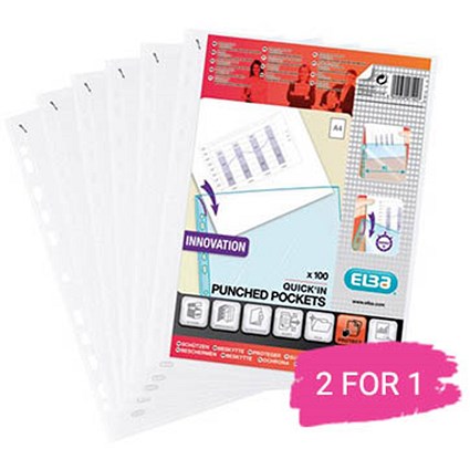 Elba A4 Heavy Duty Punched Pockets, Clear, Pack of 100, Buy 1 Pack Get 1 Free