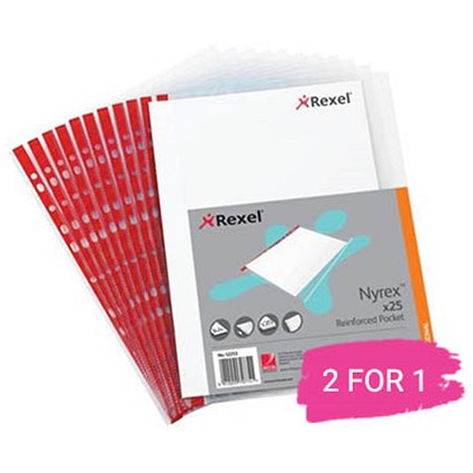 Rexel A4 Reinforced Pockets, Red Strip, Side-opening, Pack of 25, Buy 1 Get 1 Free