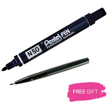 Pentel N50 Permanent Marker, Bullet Tip, Black, Pack of 12, Free Pens