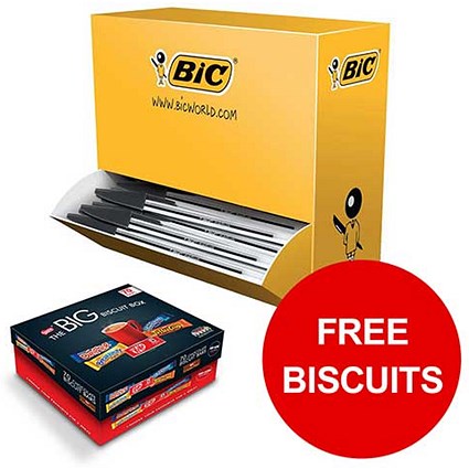 Bic Cristal Ball Pen, Clear Barrel, 1.0mm Tip, Black, Pack of 100, Free Biscuits