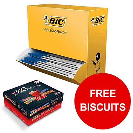 Bic Cristal Ball Pen, Clear Barrel, 1.0mm Tip, Blue, Pack of 100, Free Biscuits