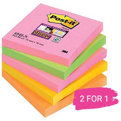 Post-it Super Sticky Notes, 76x76mm, Capetown Rainbow, Pack of 5, Buy 1 Pack Get 1 Free
