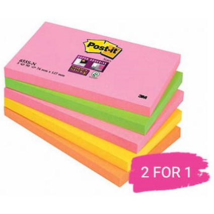 Post-it Super Sticky Notes, 76x127mm, Capetown Rainbow, Pack of 5, Buy 1 Pack Get 1 Free