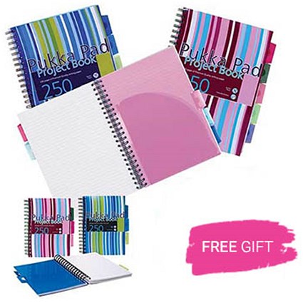 Pukka Pad Wirebound Project Book, A4, Ruled, Assorted, Pack of 3 x 2, Free A5 Notebook