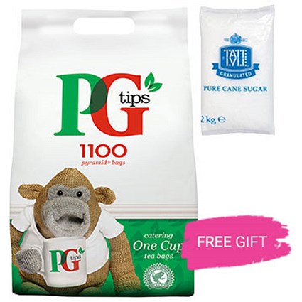 PG Tips 1 Cup Pyramid Tea Bags, 2 x Packs of 1100, Free 2kg Granulated Sugar Bag