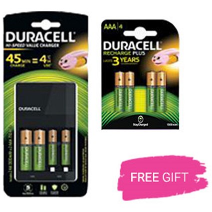 Duracell 45 Minute Battery Charger for NiMH AA/AAA, Free Pack of AAA Batteries