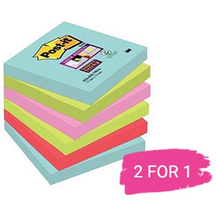 Post-It Super Sticky Notes, 76x76mm, Miami Assorted, Pack of 6 x 90 Notes, Buy 1 Pack Get 1 Free