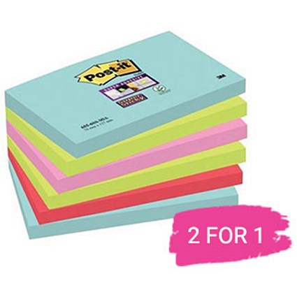 Post-It Super Sticky Notes, 76x127mm, Miami Assorted, Pack of 6 x 90 Notes, Buy 1 Pack Get 1 Free