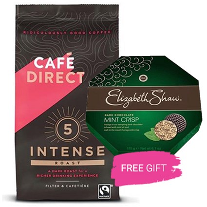 Cafe Direct Intense Rich Roast Ground Coffee, 227g , Buy 2 Packs get a Free box of Elizabeth Shaw Dark Mint Crisp Chocolates