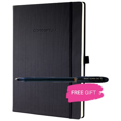 Sigel Conceptum Padded Cover Notebook, A5, Ruled, 194 Pages, Black, Buy 1 Get 1 Pack of Pilot Black Pens Free